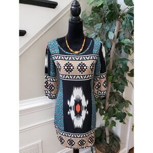 Jay Fit & Flare Dress Women's Small Black White Geometric Round Neck Long Sleeve